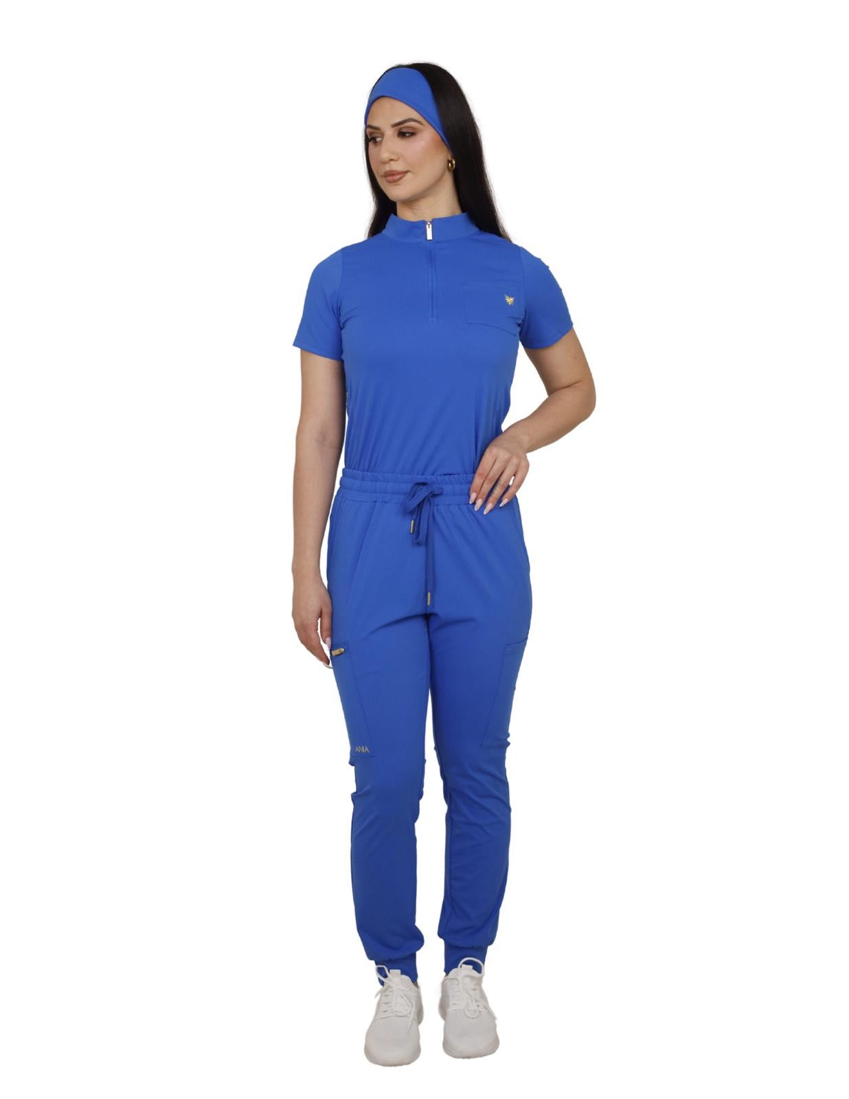 Royal blue quarter zip mock neck scrub top