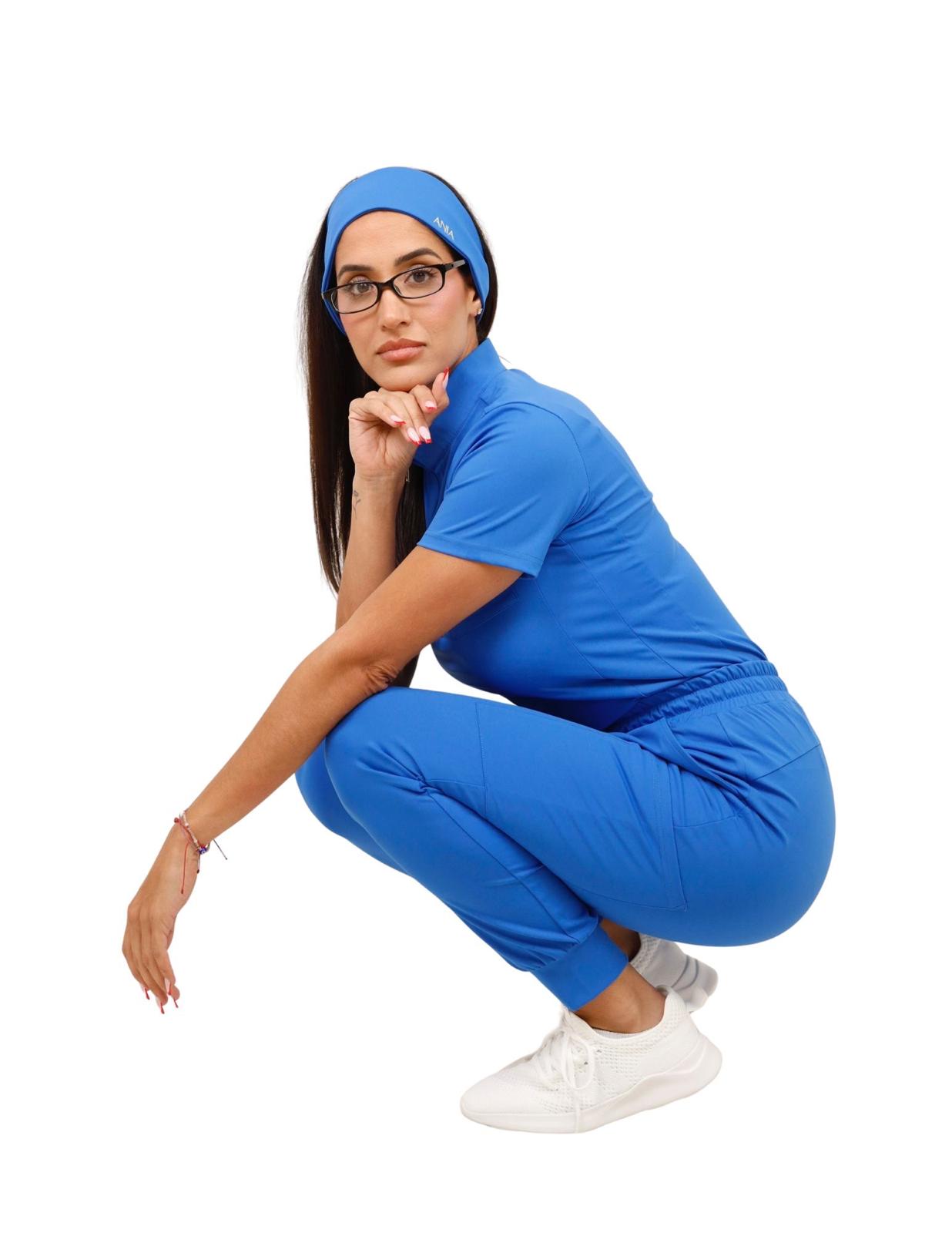Royal blue quarter zip mock neck scrub top