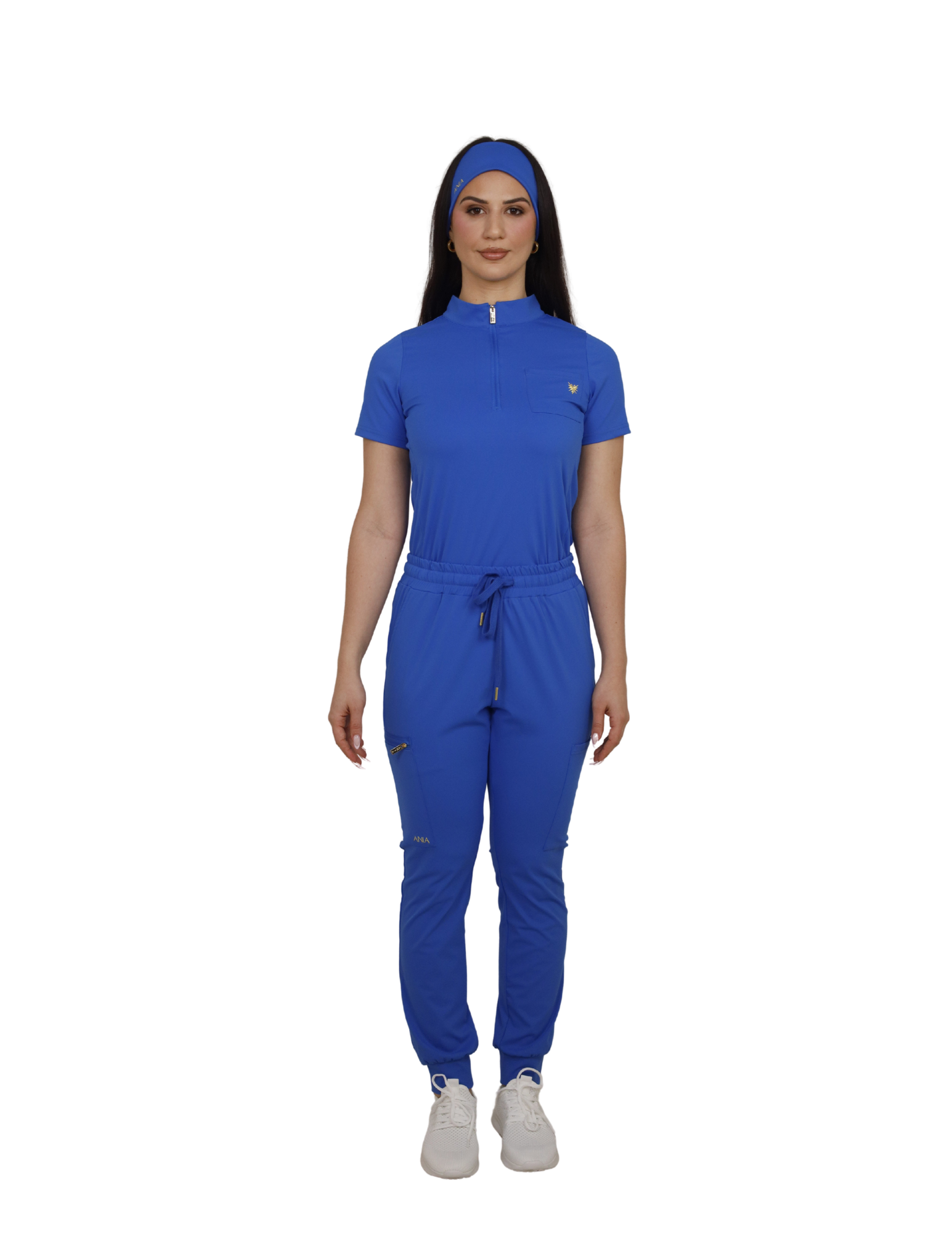 Royal blue quarter zip mock neck scrub top