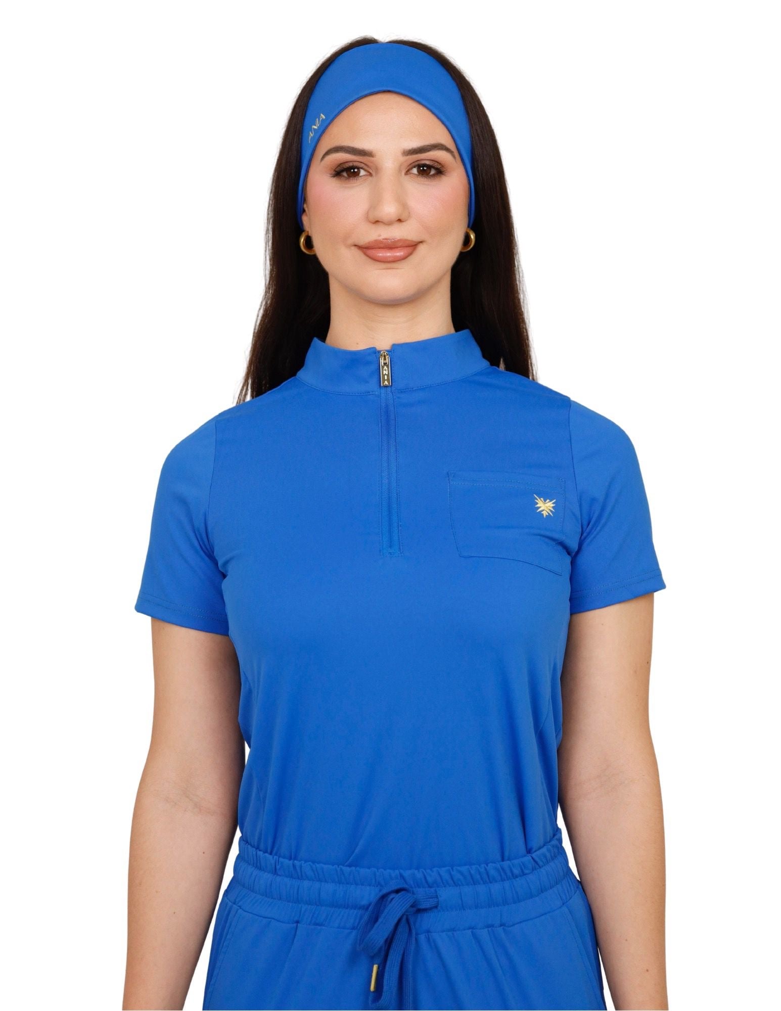 Royal blue quarter zip mock neck scrub top
