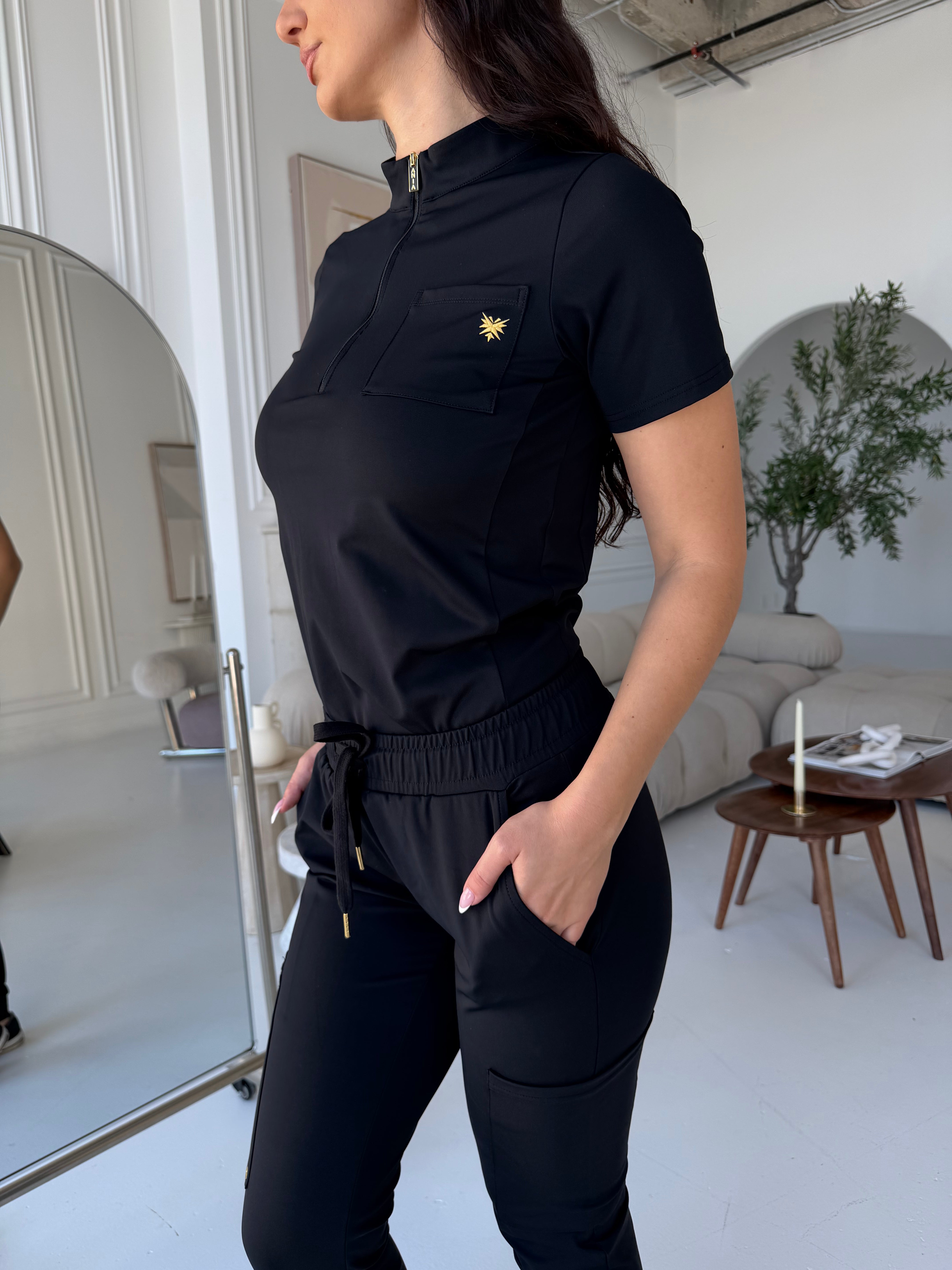Black Quarter Zip Mock Neck Scrub Top