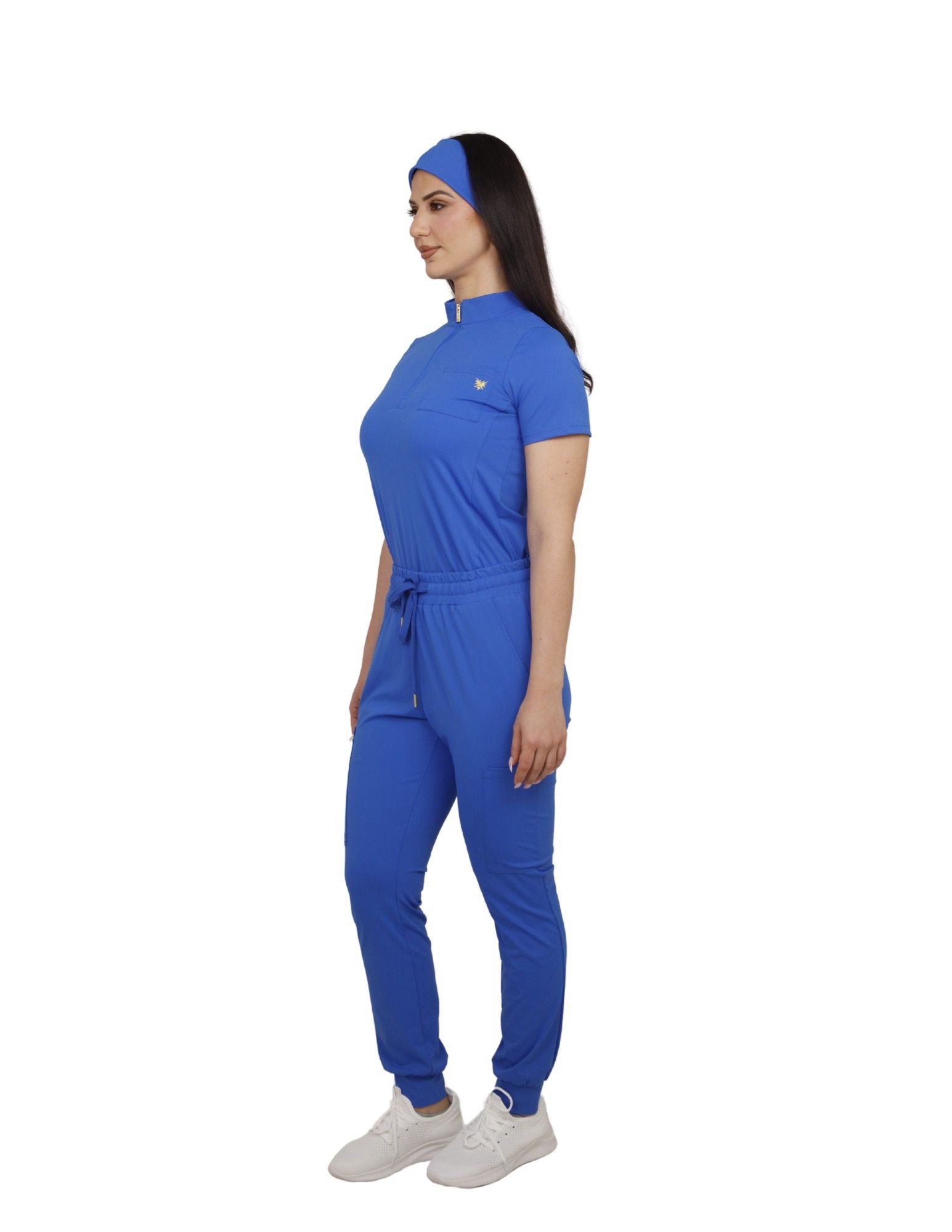 Royal blue quarter zip mock neck scrub top